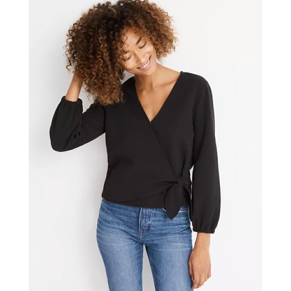 Madewell Texture & Thread Black Crepe‎ Wrap Long Sleeve Top S